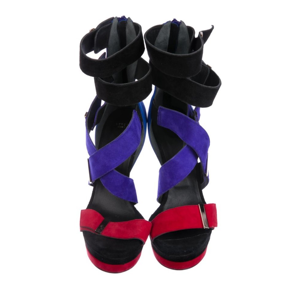 versace Blue Suede Colorblock Pattern Sandals Plat